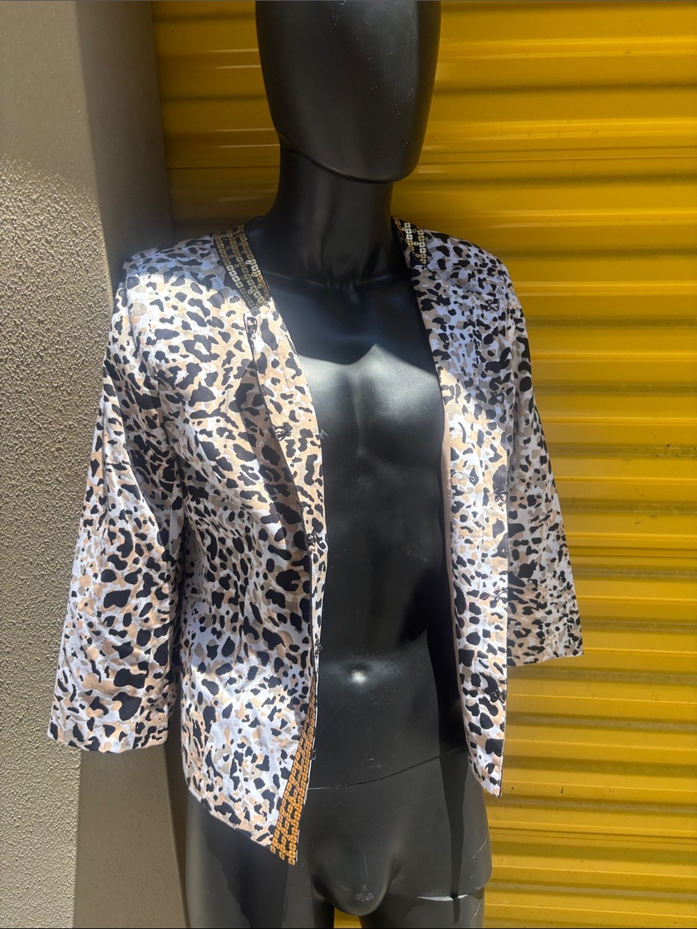 Susan Bristol Black & Beige Leopard-Print Open Jacket with Metallic Trim
